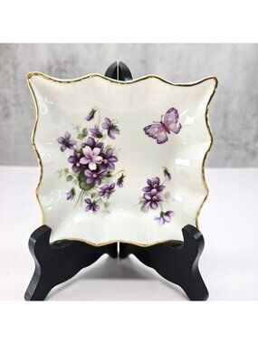 Aynsley Wild Violets Square Dish Purple Floral Gold Trim Bone China VL5114